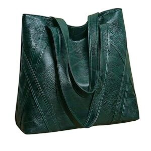 Chic Faux Leather Tote Bag Women Deep Green Shoulder Handbag Everyday Carryall